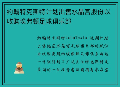 约翰特克斯特计划出售水晶宫股份以收购埃弗顿足球俱乐部 约翰特克斯特计划出售水晶宫股份以收购埃弗顿足球俱乐部